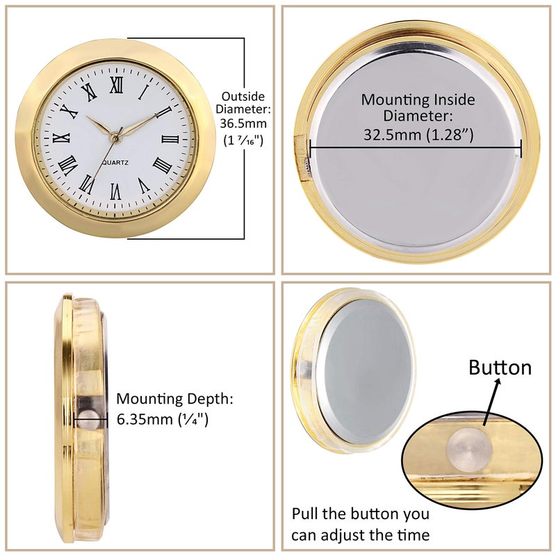 ShoppeWatch Mini Clock Insert 1 7/16" (35mm) Quartz Movement | Miniature Clock Face Insert | Small Round Fit Up White Dial Gold Tone Bezel Roman Numerals CK096GD - Image 2